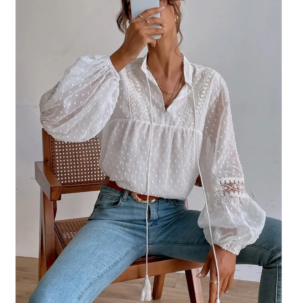 Swiss Dot V neck Tassel Tie Semi Sheer Long sleeve Top